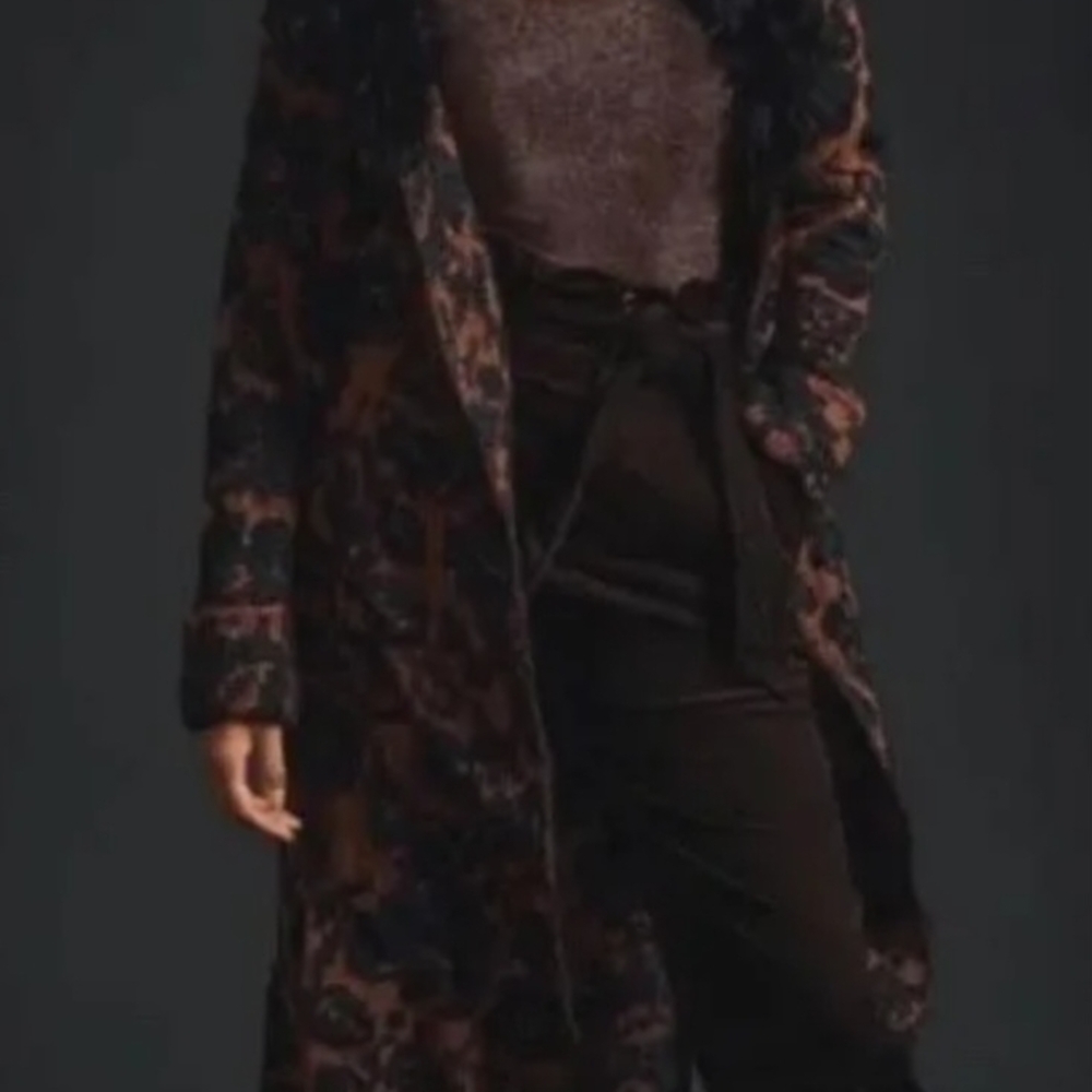 Anthropologie Brown & Black Floral Velvet Trench Coat